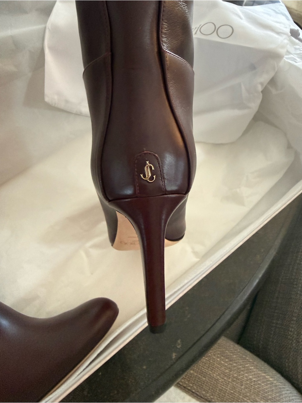 Jimmy Choo Burgundy Brown Leather Knee-High Heeled Boots - Picture 4 of 9